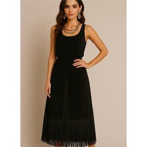 Black Suede Fringe Midi Skirt Boho Western Style – Size XS